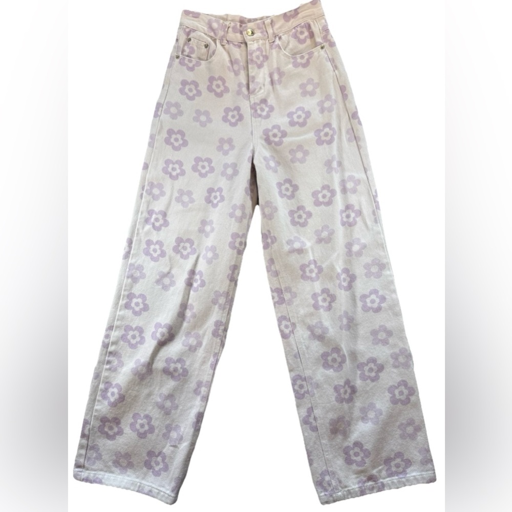 Shekou Floral Print Jeans Purple White Small Cottage Boho Fairy Indie Flower